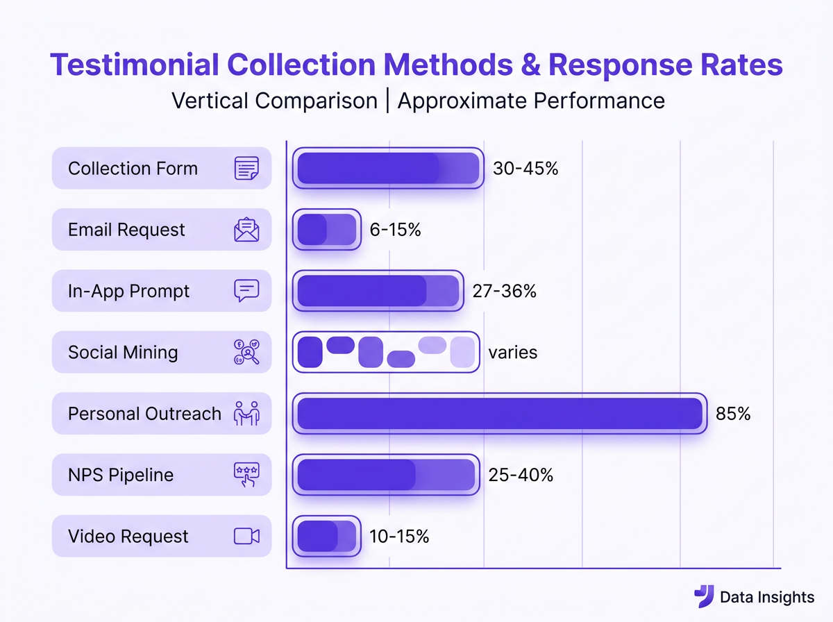 Testimonial collection channel comparison — response rates by method: in-app prompts 27-36%, personal outreach 85%, collection forms 30-45%, NPS pipeline 25-40%