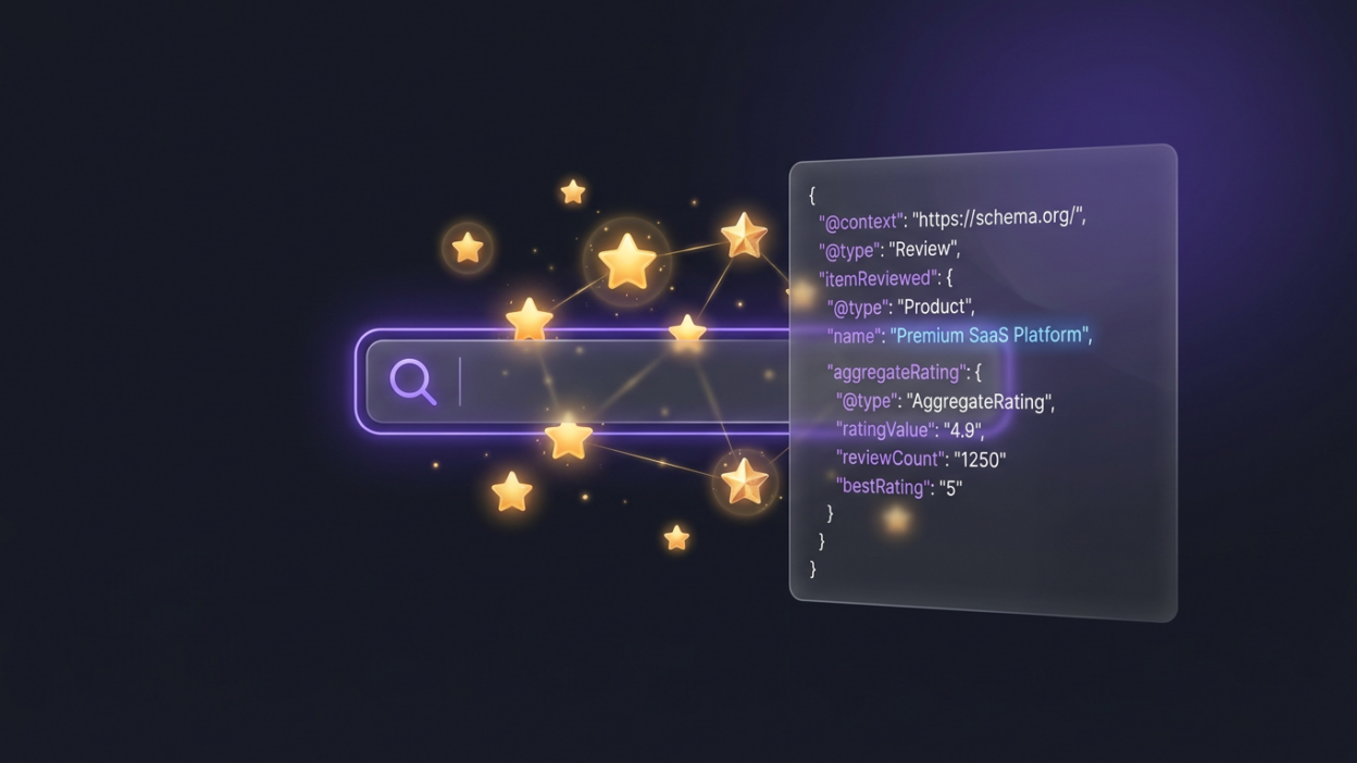 Dark-themed SaaS concept illustration showing schema markup and star ratings in Google search results, with purple brand glow