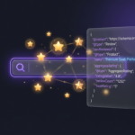 Dark-themed SaaS concept illustration showing schema markup and star ratings in Google search results, with purple brand glow