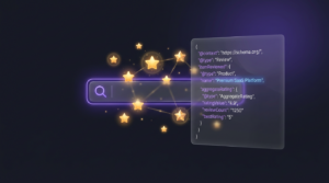Dark-themed SaaS concept illustration showing schema markup and star ratings in Google search results, with purple brand glow