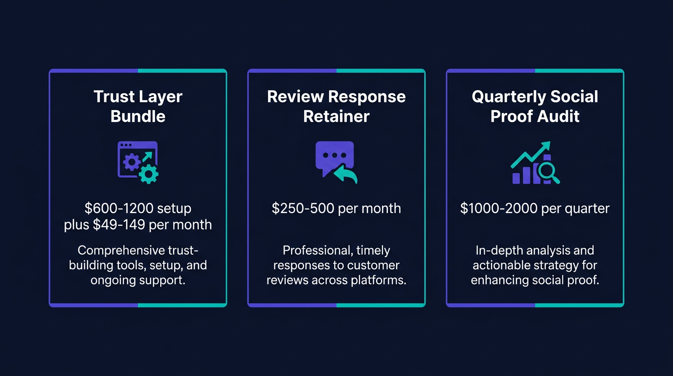 Three agency upsell pricing plays — Trust Layer Bundle, Review Response Retainer, and Quarterly Social Proof Audit with price points