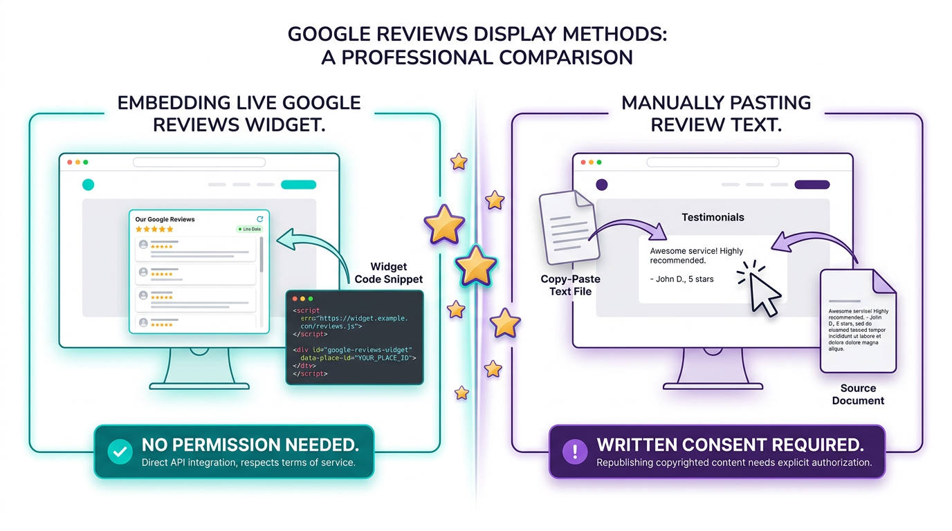 Widget vs copy-paste comparison — live embed needs no permission, static text requires written consent