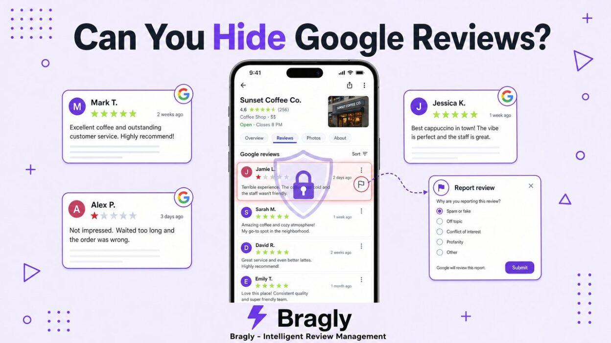 Can You Hide Google Reviews? illustration showing a phone with review cards and a flag report icon