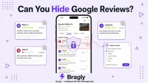 Can You Hide Google Reviews? illustration showing a phone with review cards and a flag report icon
