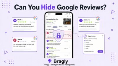 Can You Hide Google Reviews? illustration showing a phone with review cards and a flag report icon