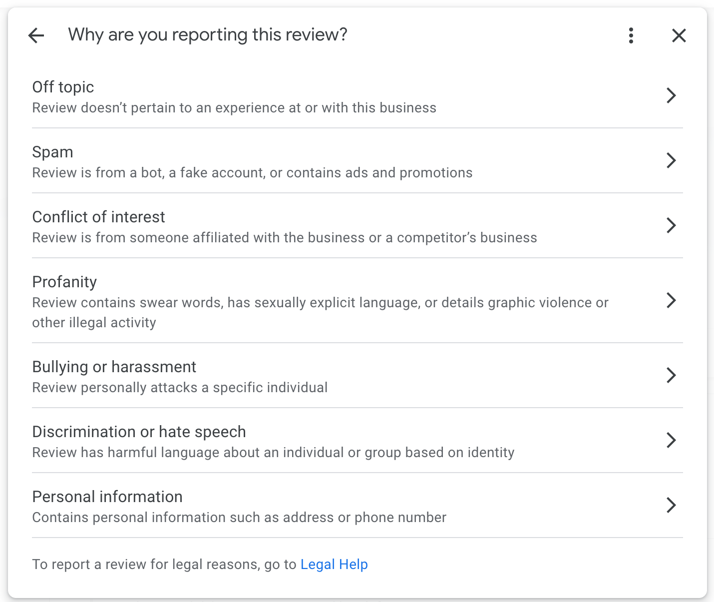Google's report review interface showing policy violation options for flagging reviews