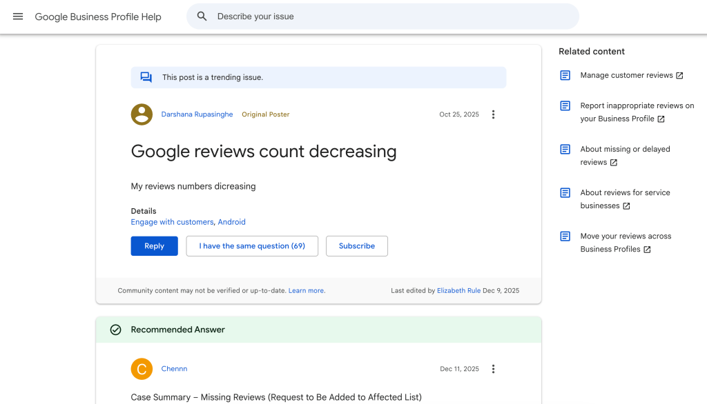 Google Business Profile Help forum showing a business owner reporting their review count decreasing - a trending issue with 69 people having the same question