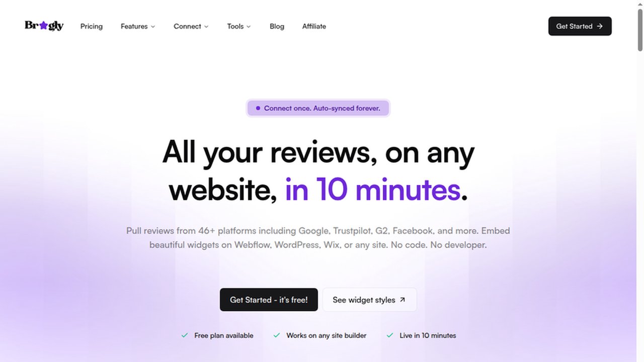 Bragly homepage: review aggregation and widget platform