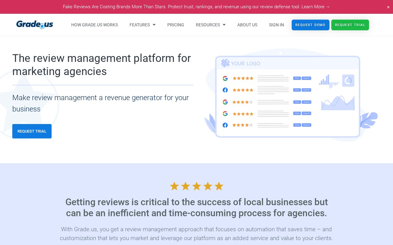 Grade.us homepage screenshot - white-label review management software for marketing agencies