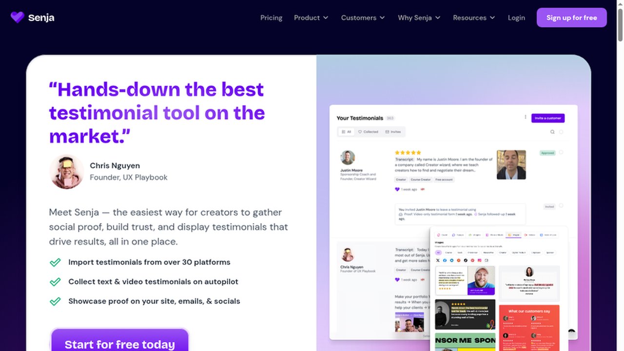 Senja homepage: testimonial collection and display tool