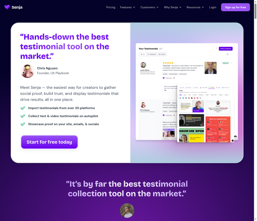 Senja homepage - testimonial collection tool for creators and solopreneurs
