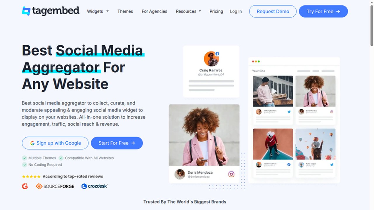 Tagembed homepage: social media aggregator for websites