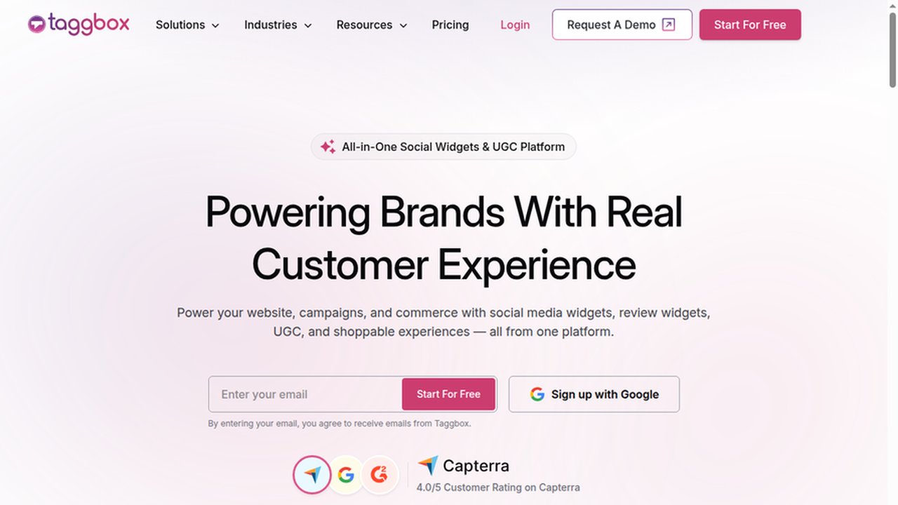 Taggbox homepage: UGC and social widgets platform