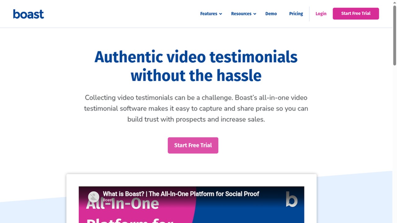 Boast video testimonial software homepage
