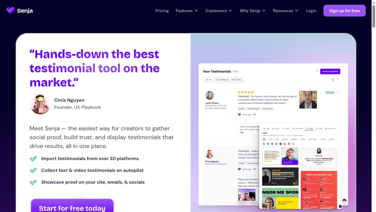 Senja homepage showing the testimonial collection and display platform