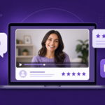 Laptop showing a video testimonial interface with star ratings and play button icons on a purple background
