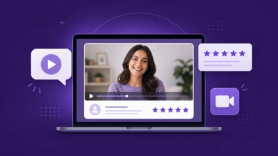 Laptop showing a video testimonial interface with star ratings and play button icons on a purple background