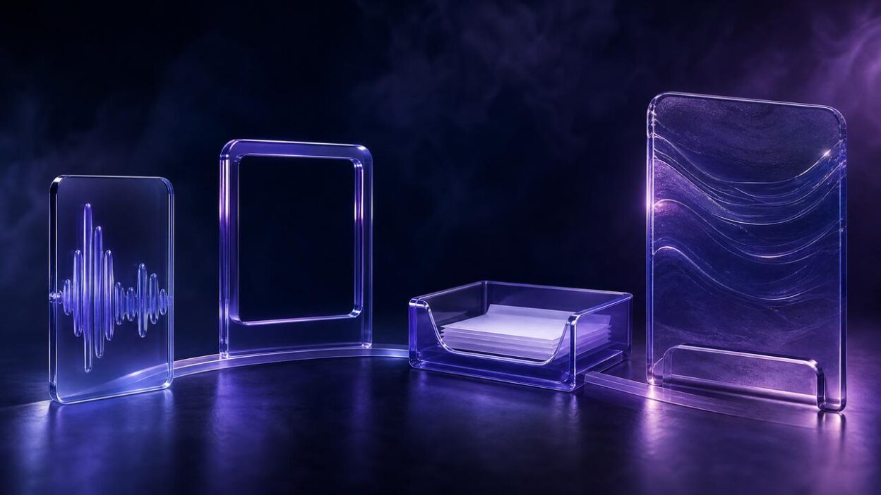 Deep-purple glass audio waveform, video frame, review-import tray, and Wall of Love panel representing Feedspace alternatives