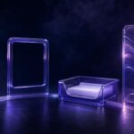 Deep-purple glass audio waveform, video frame, review-import tray, and Wall of Love panel representing Feedspace alternatives