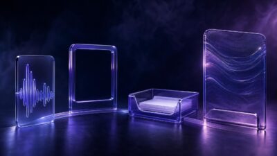 Deep-purple glass audio waveform, video frame, review-import tray, and Wall of Love panel representing Feedspace alternatives