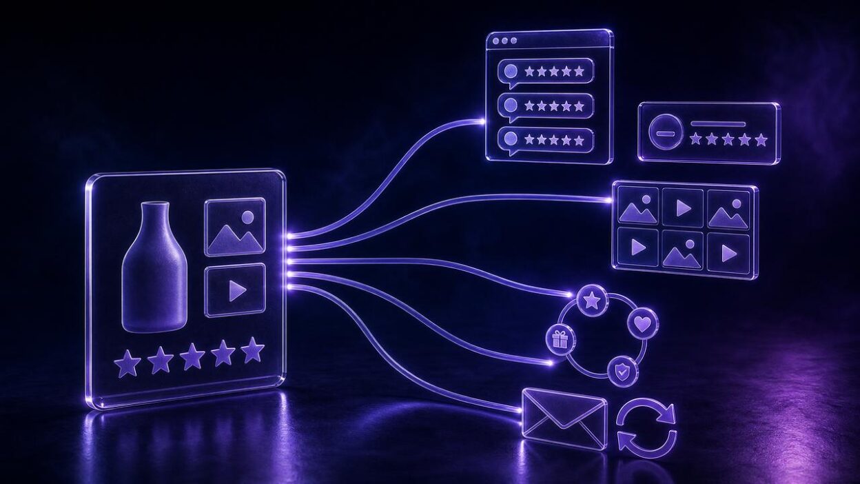 Generic ecommerce review card branching into five proof and retention paths