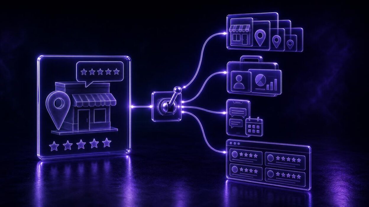 Generic local reputation hub switching toward multi-location operations, agency delivery, customer messaging, and website proof