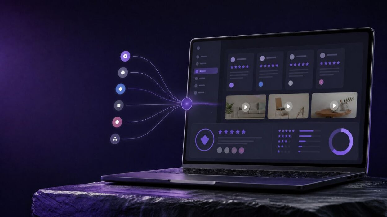 Abstract review management dashboard connecting customer feedback sources