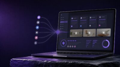 Abstract review management dashboard connecting customer feedback sources