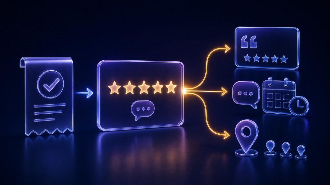 Abstract illustration showing a completed service job becoming a review and branching into website proof, appointment messaging, and multi-location reputation work