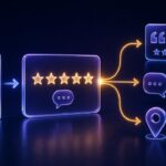 Abstract illustration showing a completed service job becoming a review and branching into website proof, appointment messaging, and multi-location reputation work