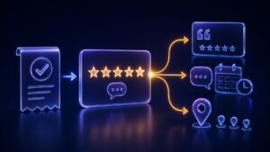 Abstract illustration showing a completed service job becoming a review and branching into website proof, appointment messaging, and multi-location reputation work