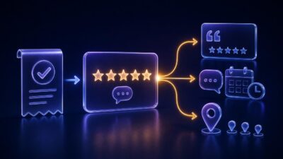 Abstract illustration showing a completed service job becoming a review and branching into website proof, appointment messaging, and multi-location reputation work