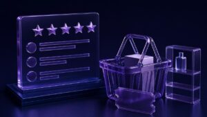 Glass shopping basket, coupon token, low-stock shelf, and anchored review panel representing Nudgify alternatives