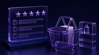 Glass shopping basket, coupon token, low-stock shelf, and anchored review panel representing Nudgify alternatives