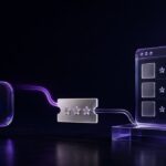Purple and navy glass conversation bubble, review request ticket, and website proof panel representing Podium alternatives