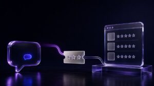 Purple and navy glass conversation bubble, review request ticket, and website proof panel representing Podium alternatives