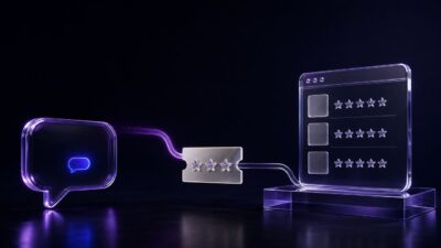 Purple and navy glass conversation bubble, review request ticket, and website proof panel representing Podium alternatives
