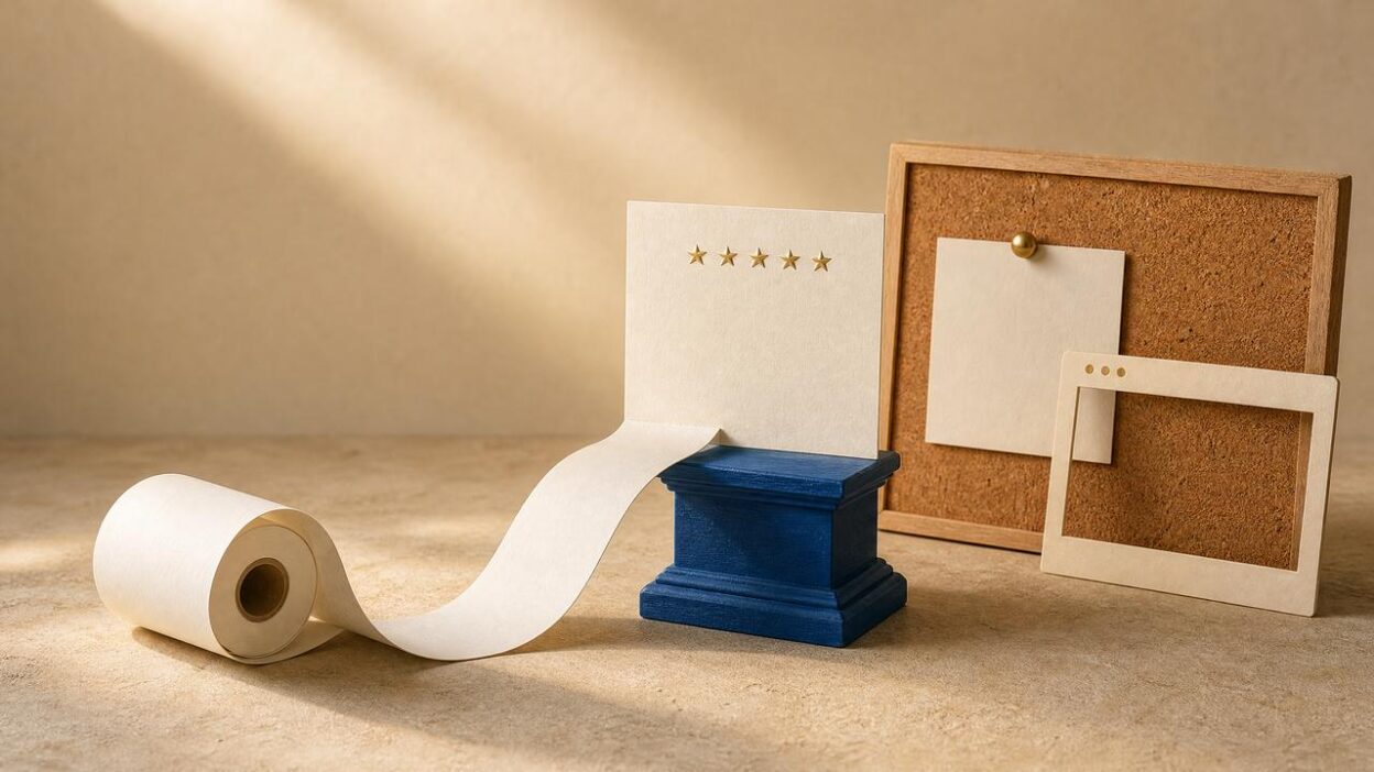 Editorial still life showing a receipt becoming a review card that remains visible on a website