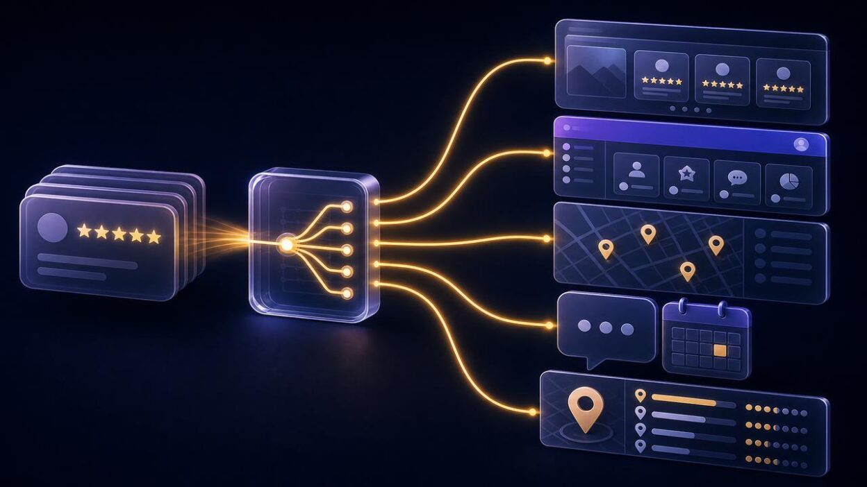 Editorial illustration of review cards routing into website proof, agency portal, location operations, customer conversation, and local-search outcomes