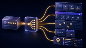 Editorial illustration of review cards routing into website proof, agency portal, location operations, customer conversation, and local-search outcomes