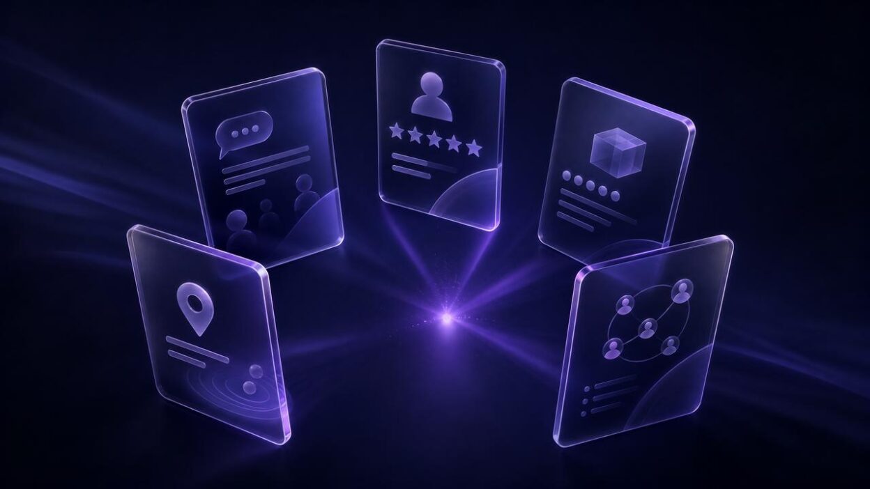 Abstract dark purple illustration of customer proof signals converging toward a review-platform choice
