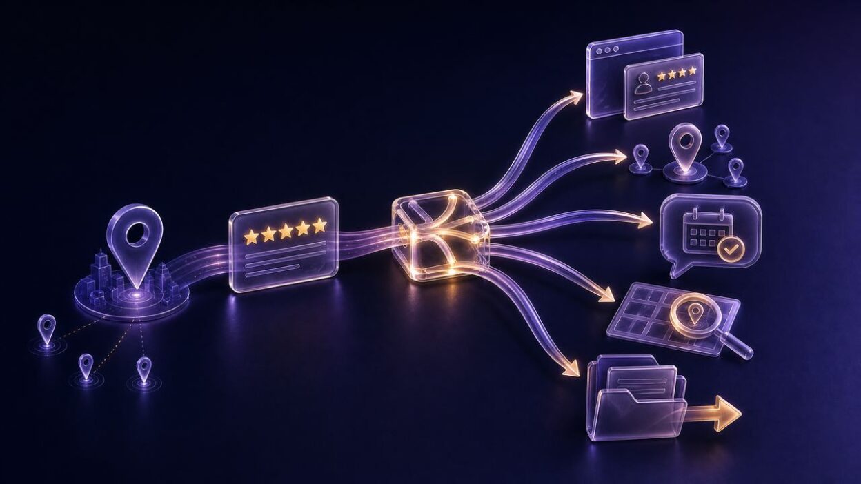 Abstract illustration of a multi-location review routing to website proof, operations, booking, local search, and agency delivery