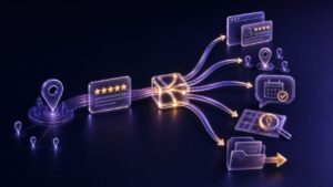 Abstract illustration of a multi-location review routing to website proof, operations, booking, local search, and agency delivery