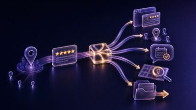 Abstract illustration of a multi-location review routing to website proof, operations, booking, local search, and agency delivery