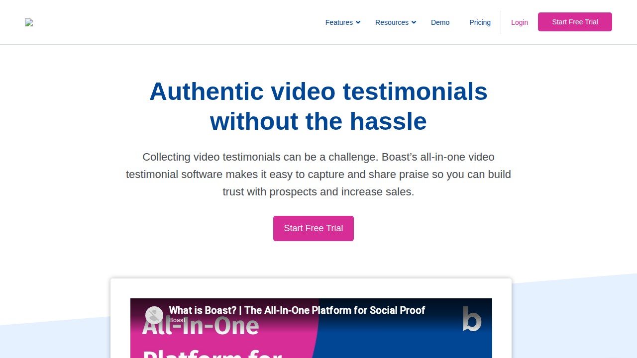 Boast.io homepage showing full testimonial lifecycle management