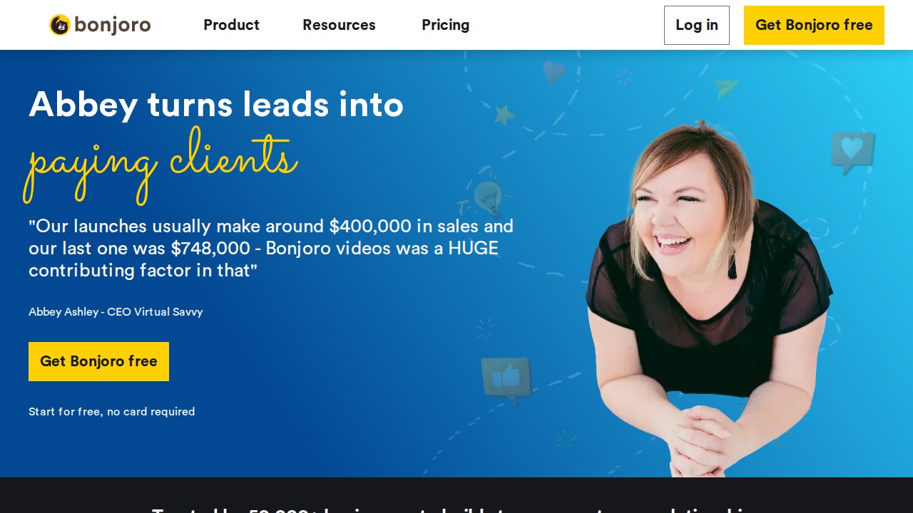 Bonjoro homepage showing personalized video outreach and CRM integration