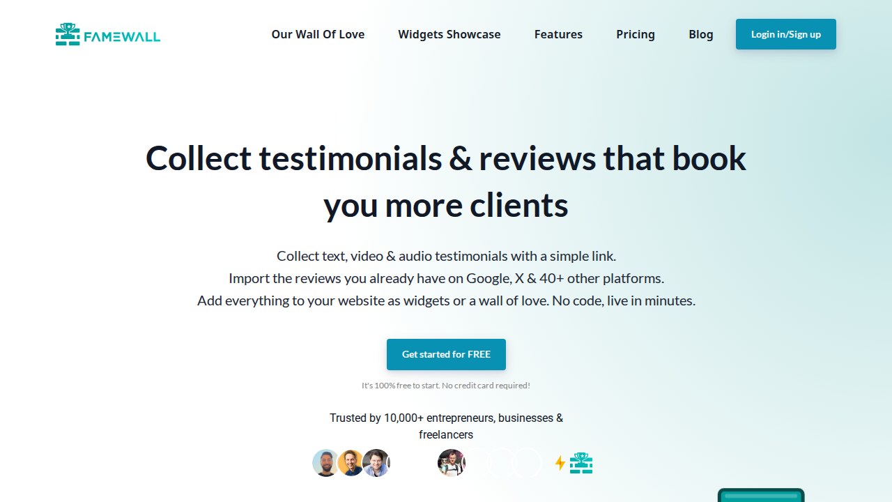 Famewall homepage showing testimonial collection and display tools