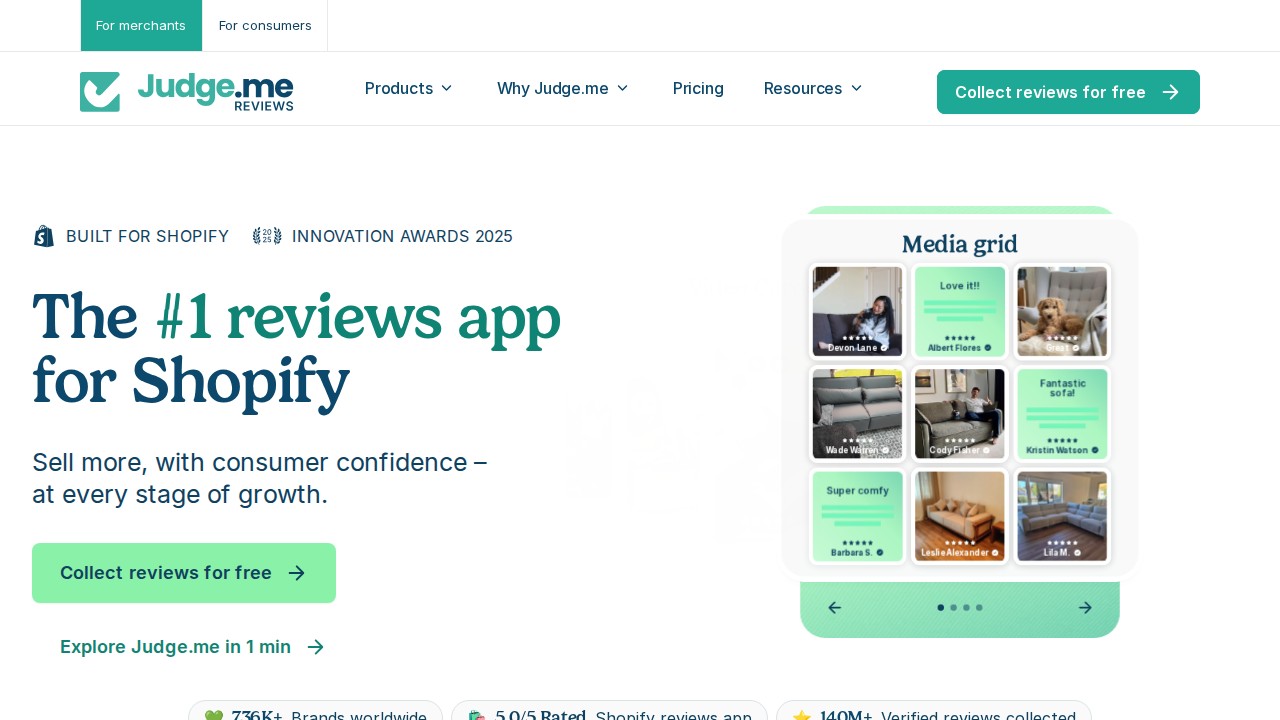 Judge.me homepage showing Shopify product and store review features