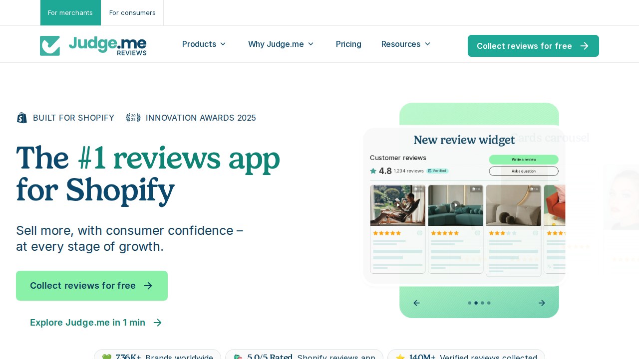 Judge.me homepage showing Shopify product reviews platform