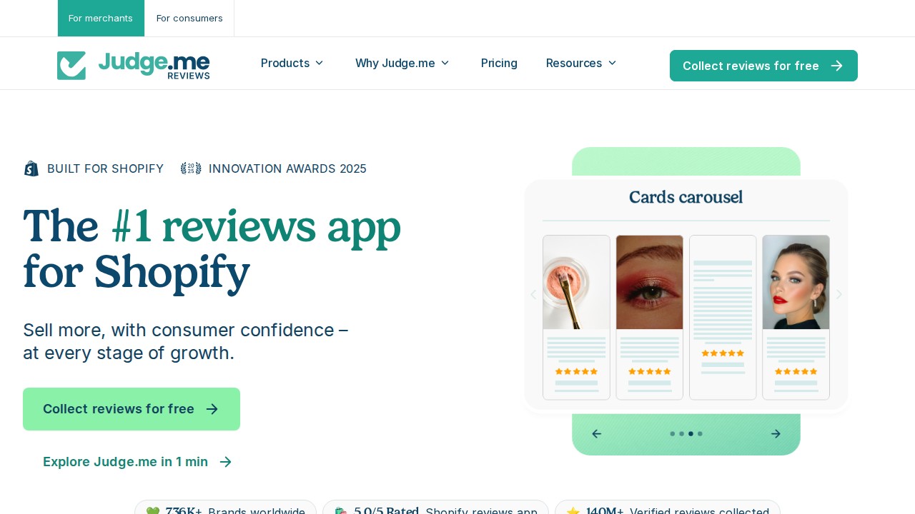 Judge.me homepage presenting Shopify product and store reviews